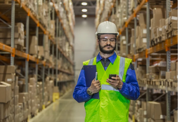 worker in a warehouse checking on phone