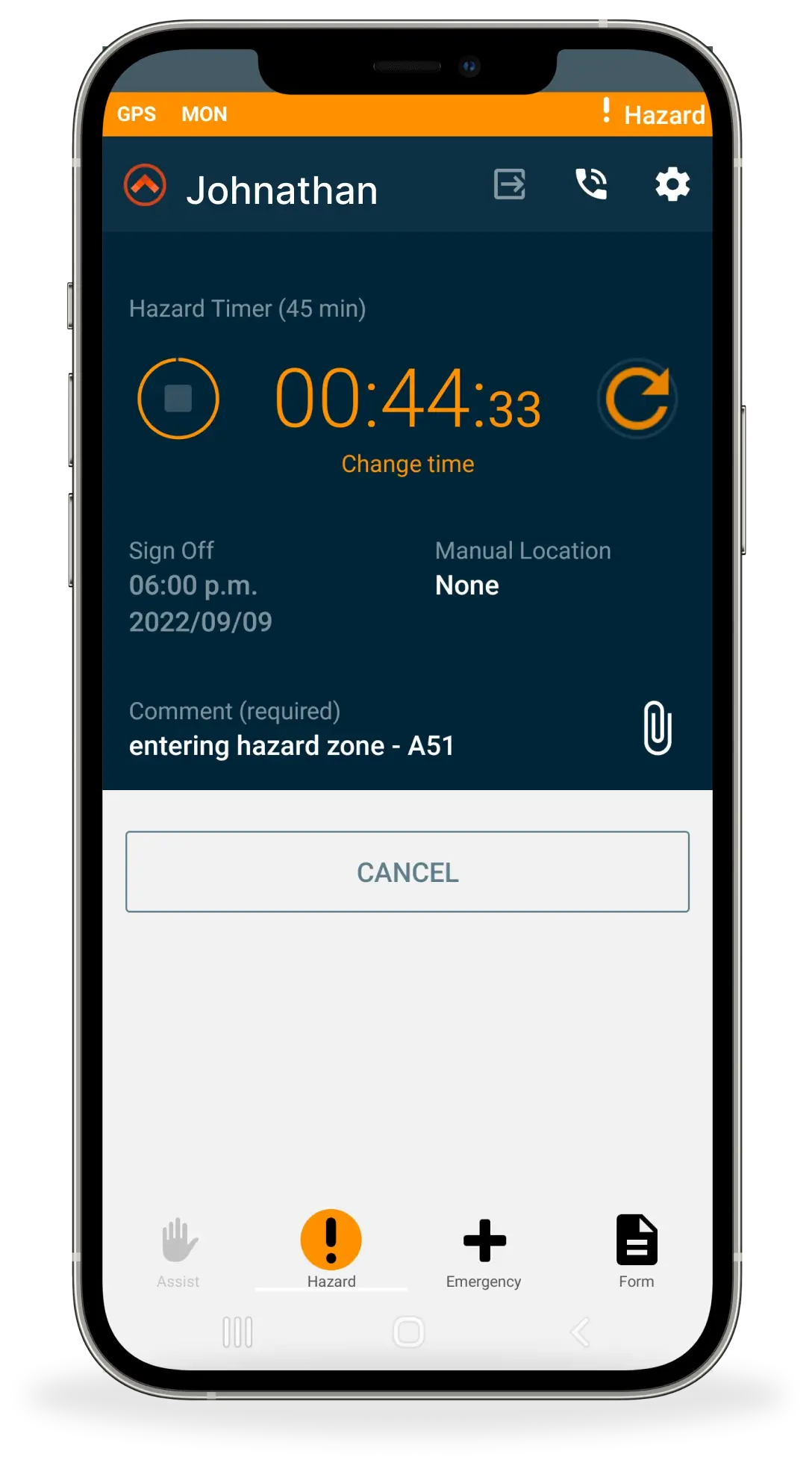 SafetyAware Hazard Timer displayed on mobile device